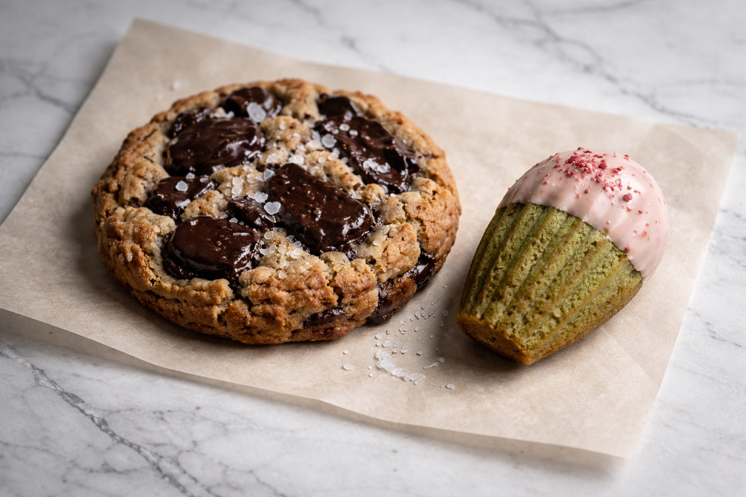 Chocolate chunk cookie and strawberry matcha madeleine